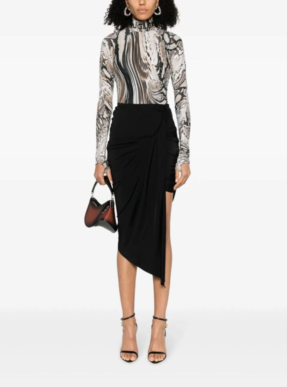 Mugler Brown Embossed Snakeskin Warped Swirl Turtleneck Bodysuit Size 42/10